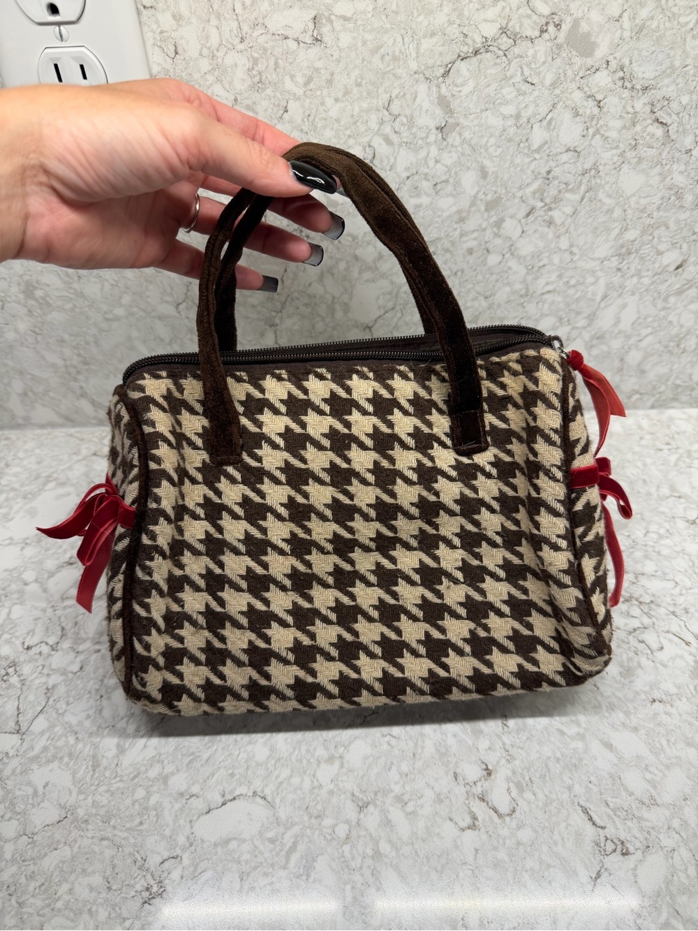 Brown Houndstooth Top-Handle Satchel Bag - Unbranded